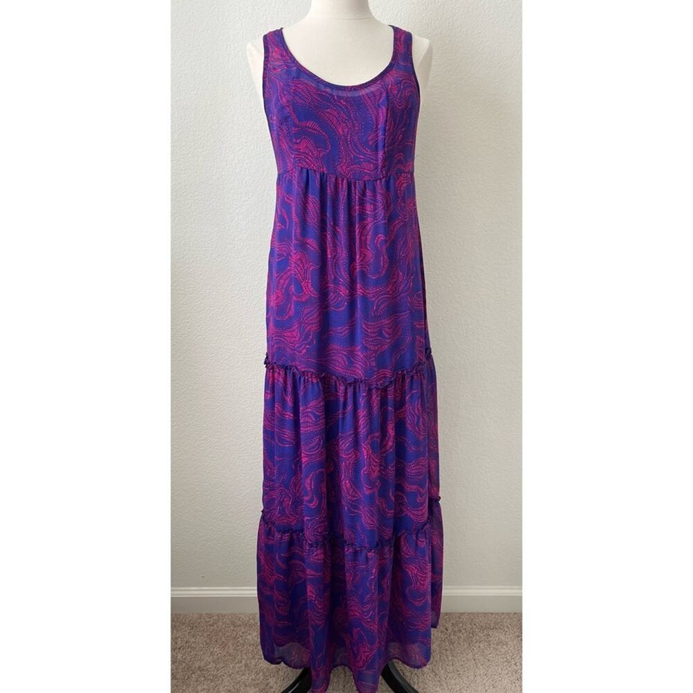 Mossimo purple pink swirl print sheer tiered maxi sleeveless racerback dress